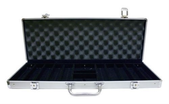 Open aluminum poker chip case showing chip compartments, 500-chip capacity