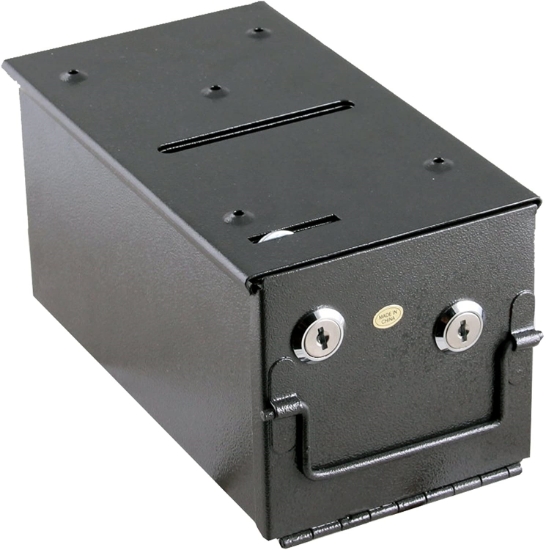 Black metal drop box with shield closed