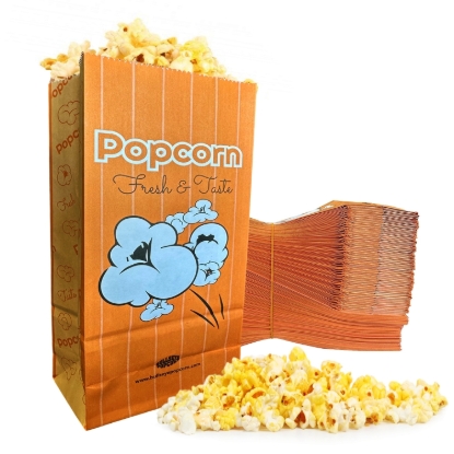 Orange popcorn bag 1oz with flat bottom and popcorn