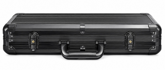 Black aluminum poker chip case, closed, front view