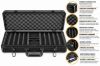 Black aluminum poker chip case, open, with poker chips